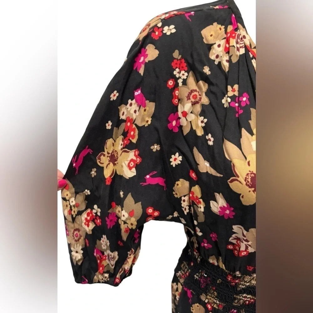 Kate Spade Floral Bouquet Silk Twill Midi Dress Sz XS Smocked Tiered Fall Love